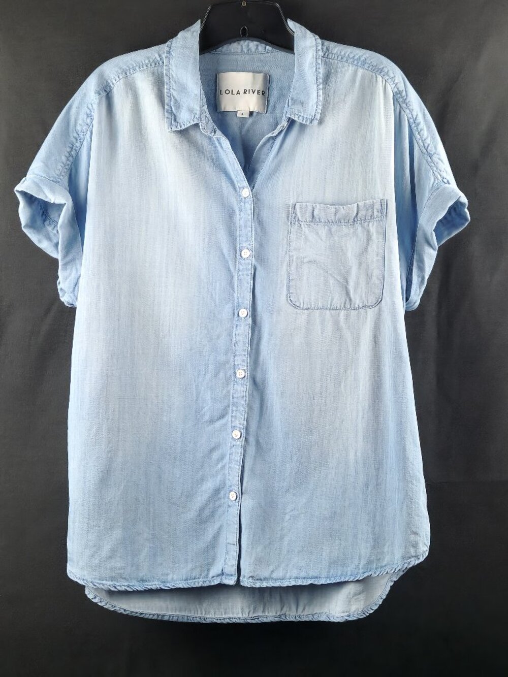 Lola River Denim Shirt in Blue, Short Sleeve, Button Down, with Pocket